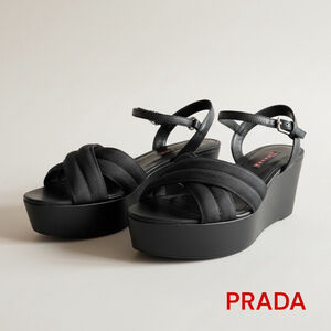 PRADA Black Wedge Platform Sandals Shoes 9